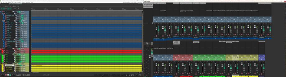 Screengrab of Reaper showing some of the many instrument tracks on the song Patch Notes for a Broken Mind